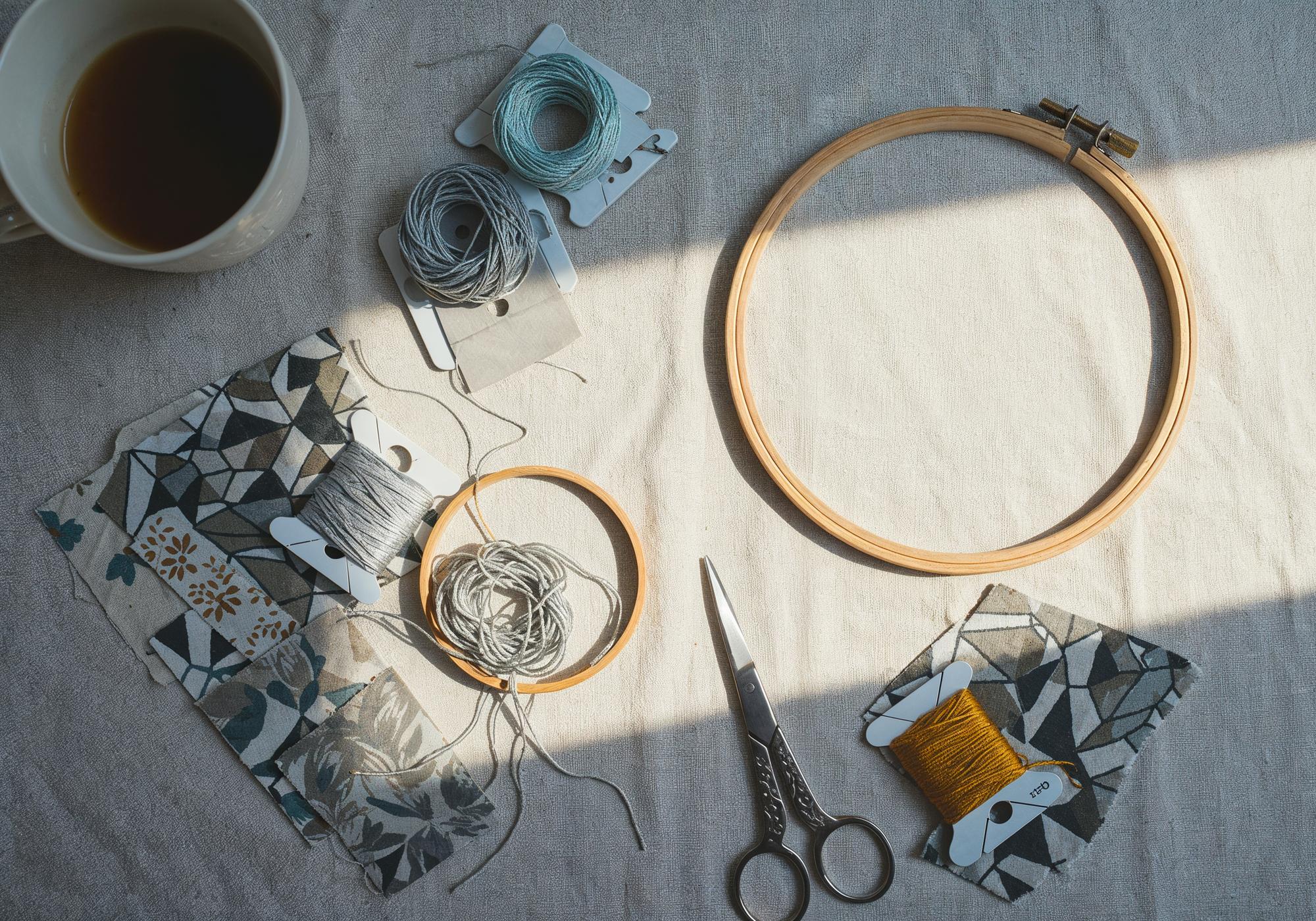 studio worktable with embroidered hoops and threads